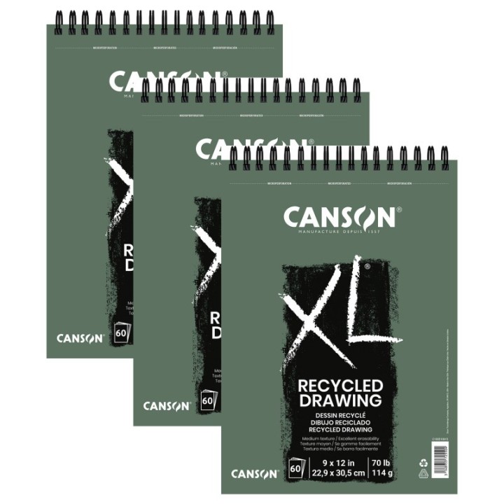 Canson XL Series Drawing Pad, Recycled, Top Wire Binding, 60 Sheet, 9x12 inch, Pack of 3