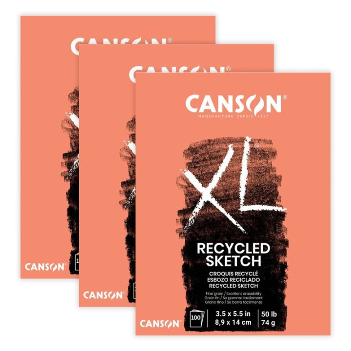 Canson XL Series Sketch Pad, Recycled, Foldover Binding, 100 Sheet, 3.5x5.5 inch, Pack of 3