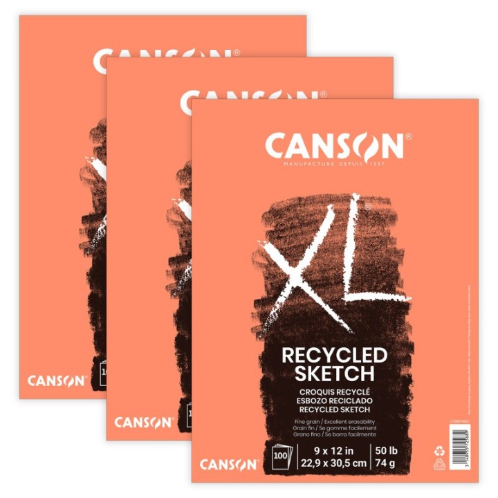 Canson XL Series Sketch Pad, Recycled, Foldover Binding, 100 Sheet, 9x12 inch, Pack of 3