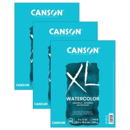 Canson XL Series Watercolor Pad, Heavyweight White Paper, Foldover Binding, 30 Sheets, 9x12 inch, Pack of 3