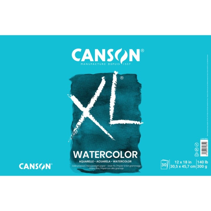 Canson XL Series Watercolor Pad, Heavyweight White Paper, Foldover Binding, 30 Sheets, 12x18 inch, 1 Count