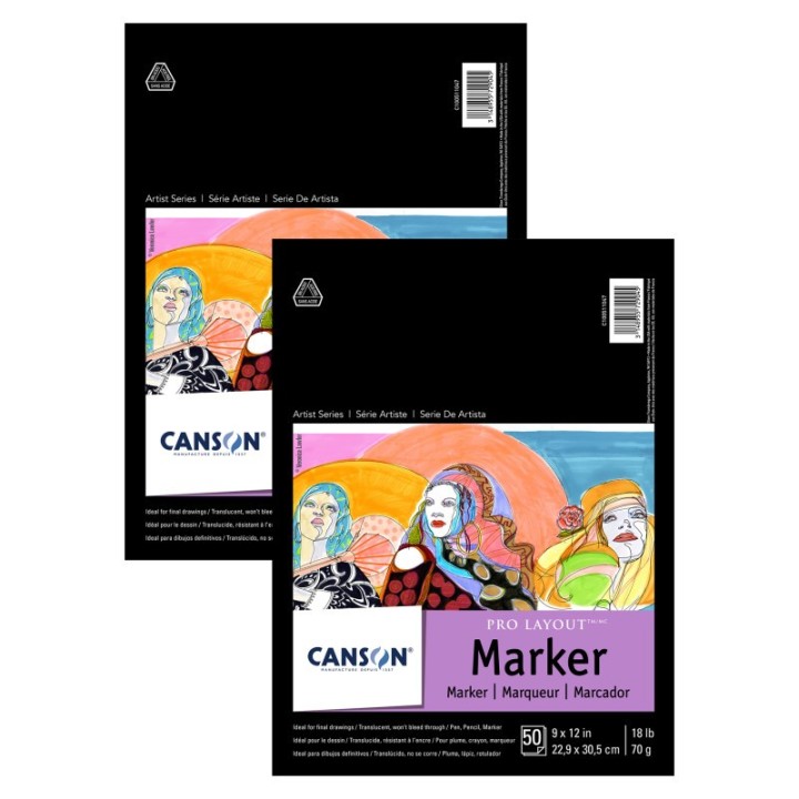 Canson Artist Series Pro Layout Marker Pad, Foldover Binding, 50 Sheet, 9x12 inch, Pack of 2