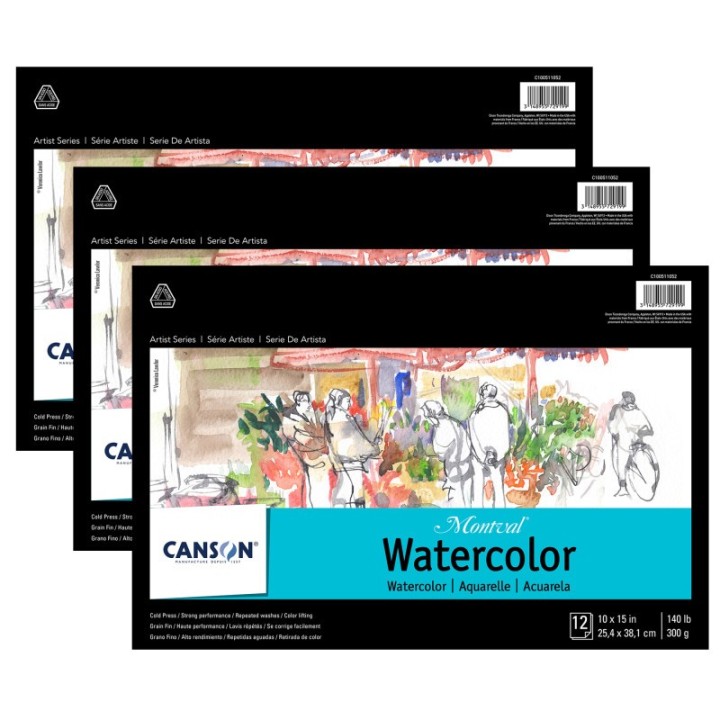 Canson Artist Series Montval Watercolor Pad, Foldover Binding, Foldover Binding, 12 Sheet, 10x15 inch, Pack of 3