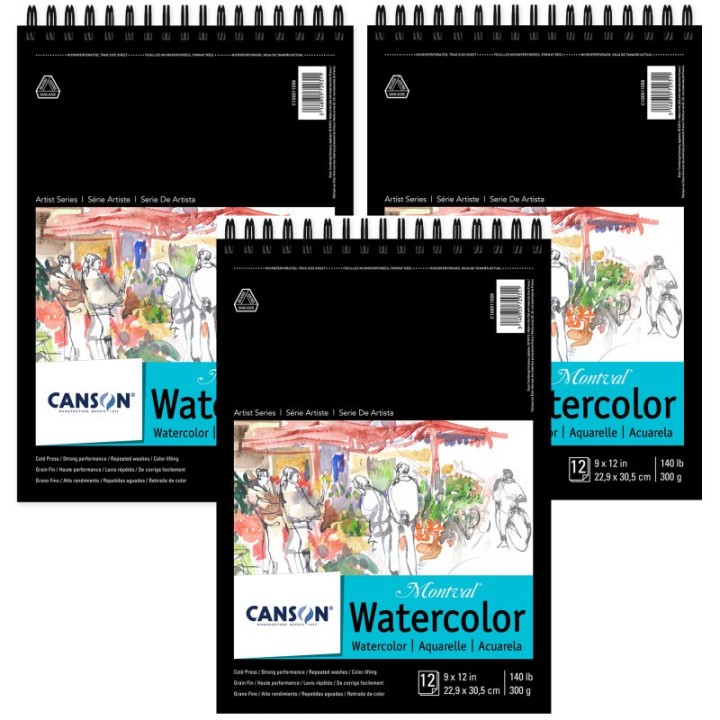 Canson Artist Series Montval Watercolor Pad, Top Wire Binding, 12 Sheet, 9x12 inch, Pack of 3