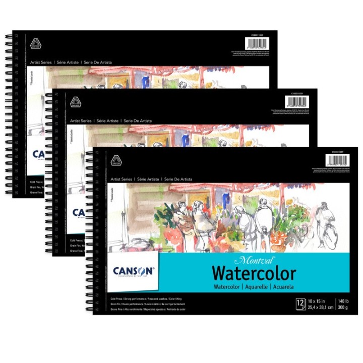 Canson Artist Series Montval Watercolor Pad, Side Wire Binding, 12 Sheet, 10x15 inch, Pack of 3