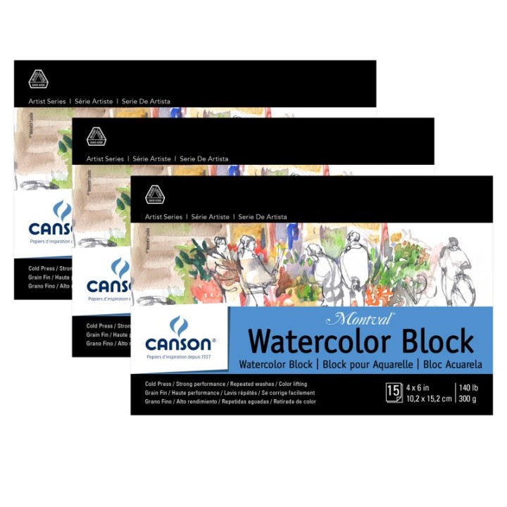 Canson Artist Series Montval Watercolor Block, Foldover Binding, 15 Sheet, 4x6 inch, Pack of 3