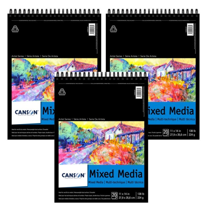 Canson Artist Series Mixed Media Pad, Top Wire Binding, 20 Sheet, 11x14 inch, Pack of 3