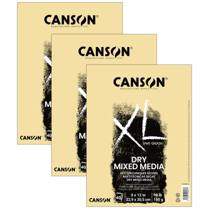 Canson XL Series Mixed Media Pad, Natural Tone, Foldover Binding, 10 Sheet, 9x12 inch, Pack of 3