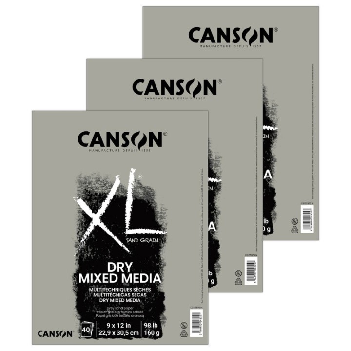 Canson XL Series Mixed Media Pad, Toned Gray, Foldover Binding, 10 Sheet, 9x12 inch, Pack of 3