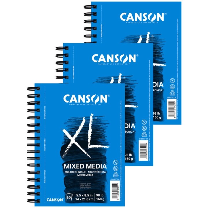 Canson XL Series Mixed Media Pad, Side Wire Binding, 60 Sheet, 5.5x8.5 inch, Pack of 3