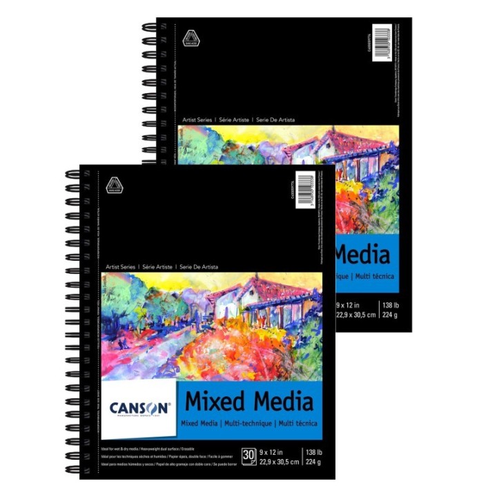 Canson Artist Series Mixed Media Pad, Side Wire Binding, 30 Sheet, 9x12 inch, Pack of 2