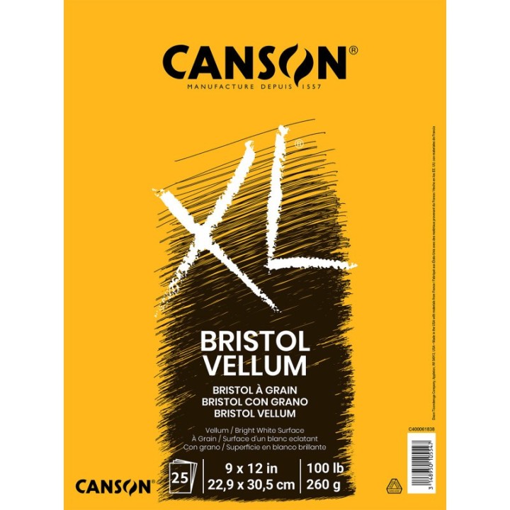 Canson XL Series Bristol Pad, Vellum Finish, Foldover Binding, 25 Sheet, 9x12 inch, 1 Count