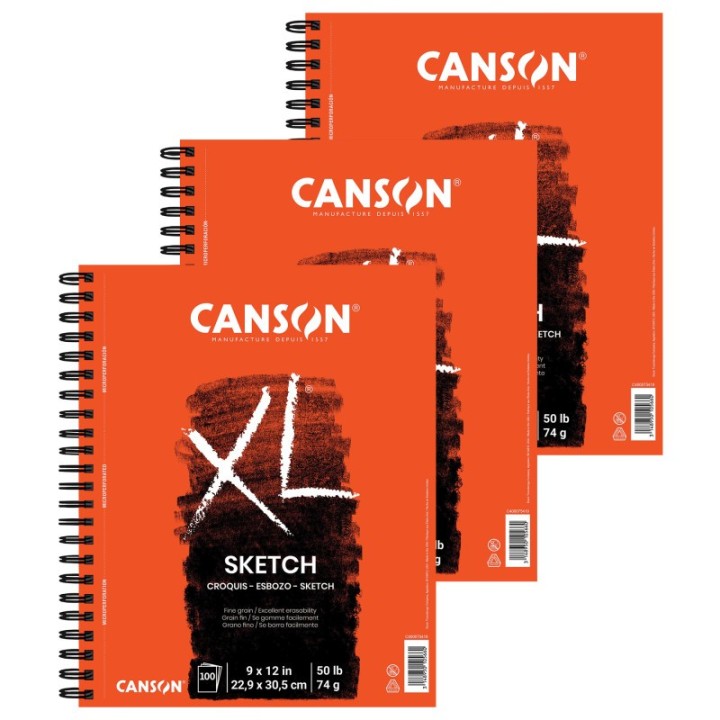 Canson XL Series Sketch Pad, Side Wire Binding, 100 Sheet, 9x12 inch, Pack of 3