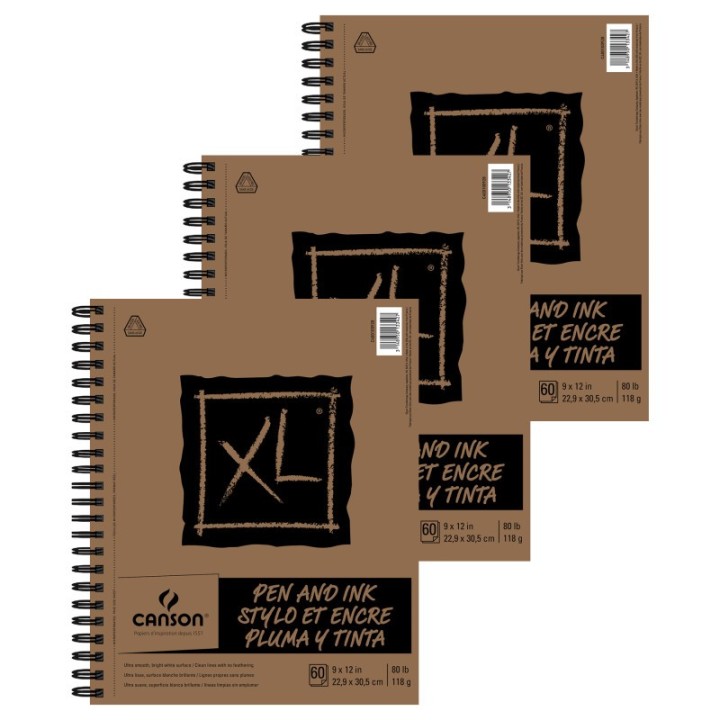 Canson XL Series Pen & Ink Pad, Side Wire Binding, 60 Sheet, 9X12 inch, Pack of 3