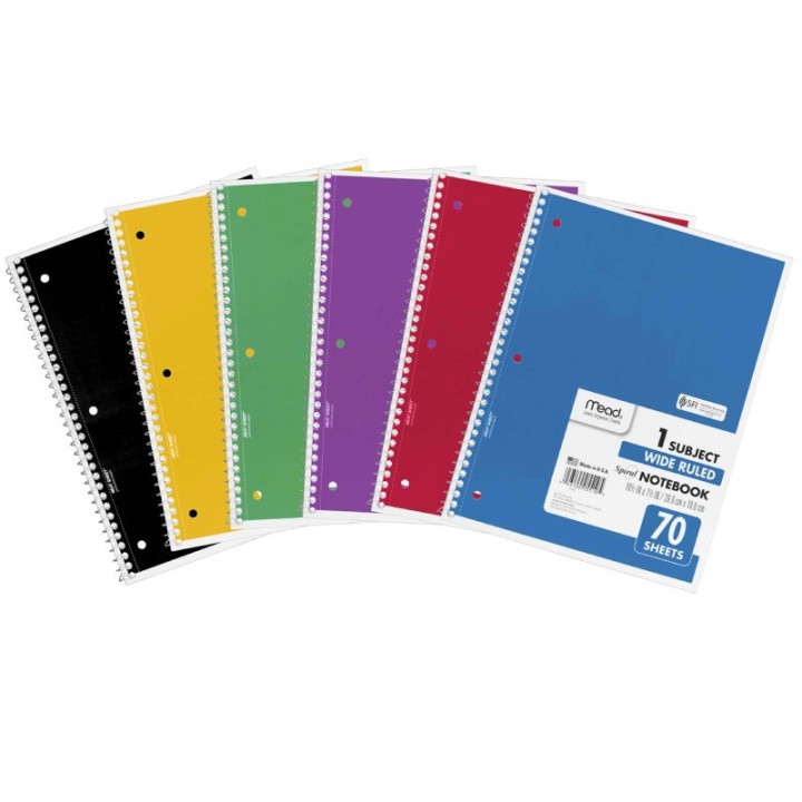 Mead® Spiral 1 Subject Notebook, Wide Ruled, 70 Sheets Per Book, Pack of 6