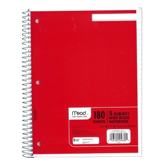 Mead® Spiral Notebook, 5 Subject, Wide Ruled Paper, 180 Sheets, 10-1/2" x 8", Assorted Colors, 1 Count
