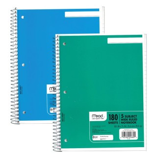 Mead® Spiral Notebook, 5 Subject, Wide Ruled Paper, 180 Sheets, 10-1/2" x 8", Assorted Colors, Pack of 2