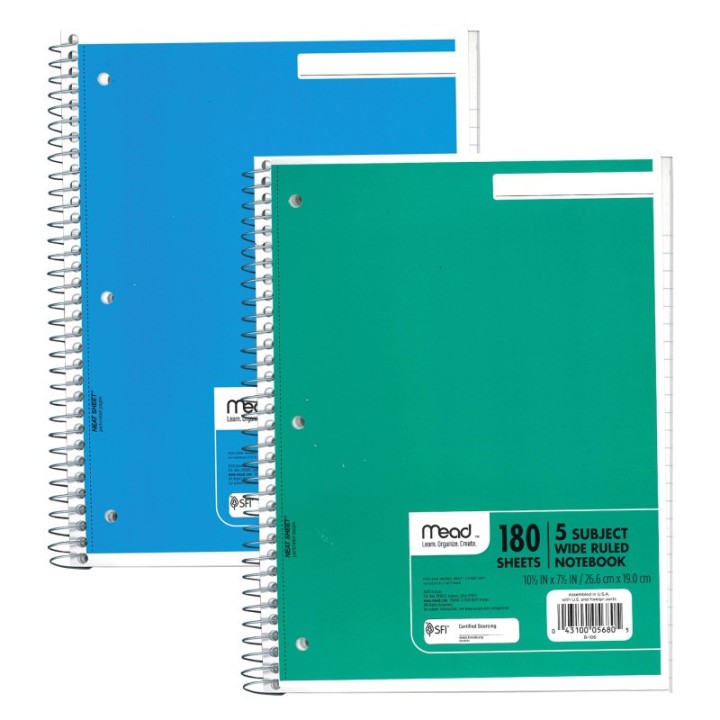 Mead® Spiral Notebook, 5 Subject, Wide Ruled Paper, 180 Sheets, 10-1/2" x 8", Assorted Colors, Pack of 2