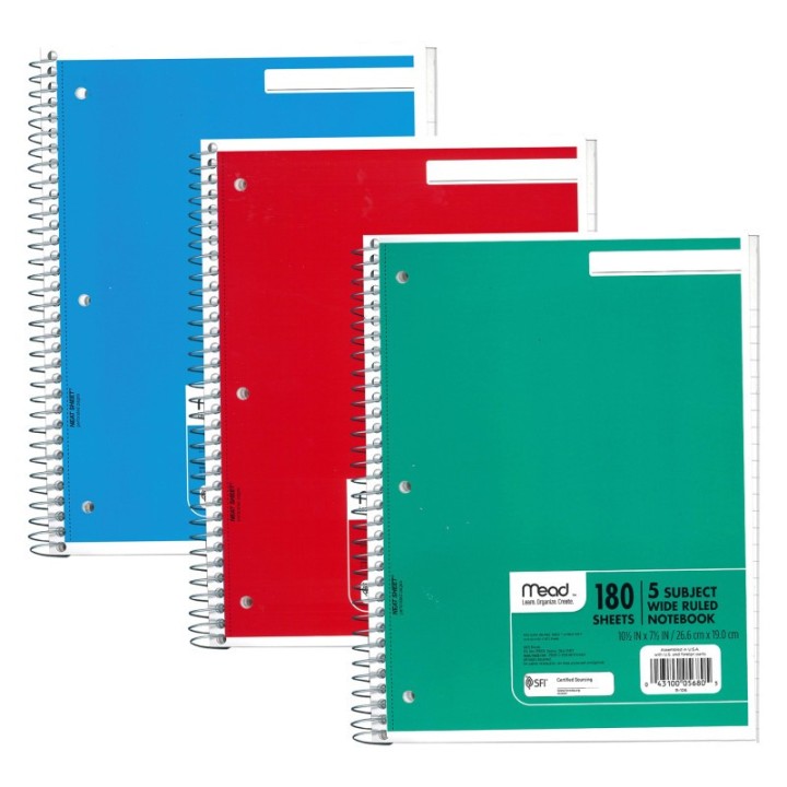 Mead® Spiral 5 Subject Notebook, Wide Ruled, 180 Sheets Per Book, Pack of 3