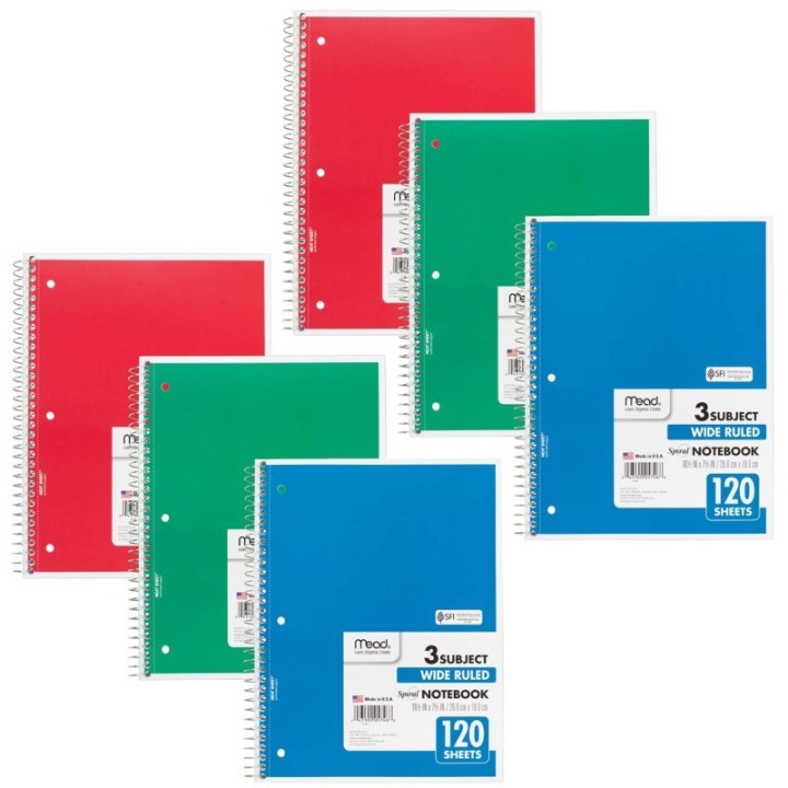 Mead® Spiral 3 Subject Notebook, Wide Ruled, 120 Sheets, Pack of 6