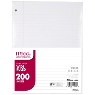Mead® Filler Paper, Wide Ruled, 10 1/2" x 8", 200 Sheets