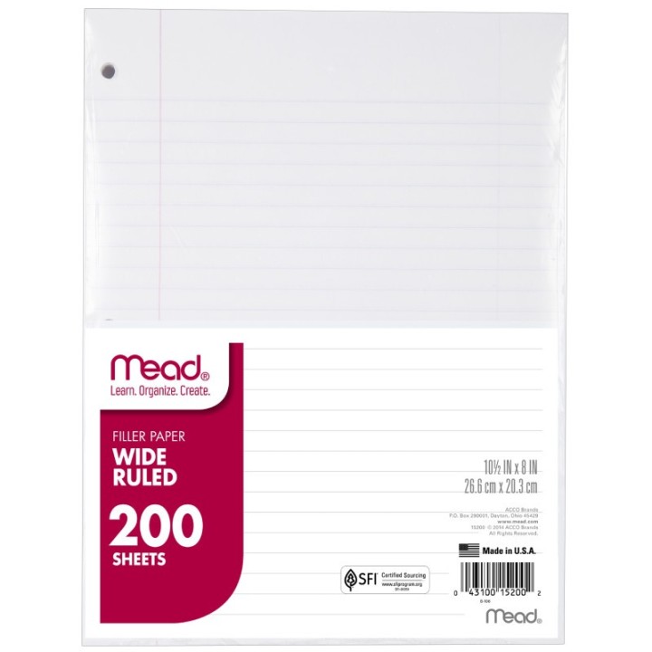 Mead® Filler Paper, Wide Ruled, 10 1/2" x 8", 200 Sheets