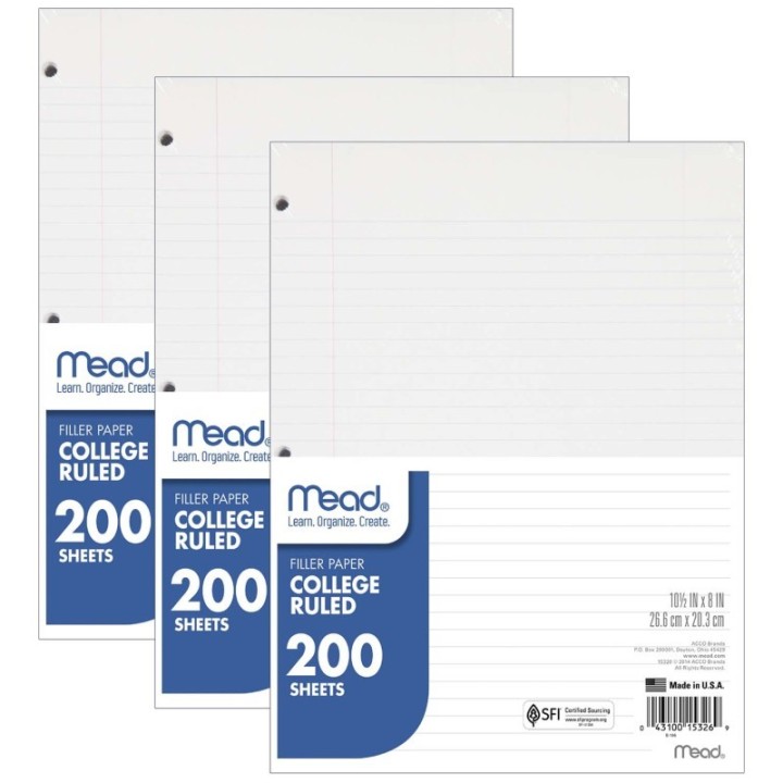 Mead® Notebook Filler Paper, College Ruled, 200 Sheets Per Pack, 3 Packs