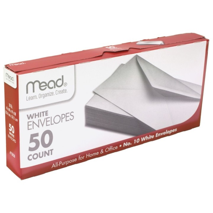 Mead® White Gummed Business Envelopes, 4 1/8 x 9 1/250#10, Pack of 50