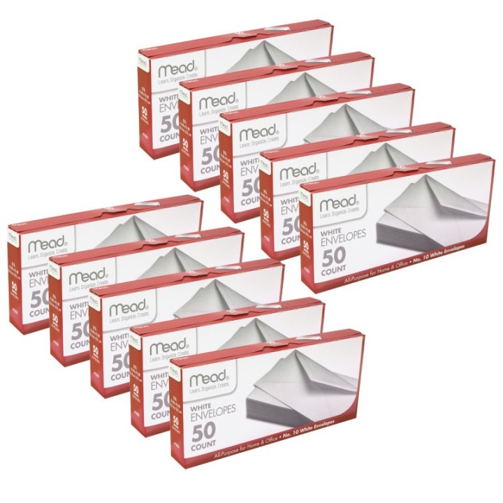 Mead® White Gummed Business Envelopes, 4 1/8 x 9 1/250#10, 50 Per Pack, 10 Packs