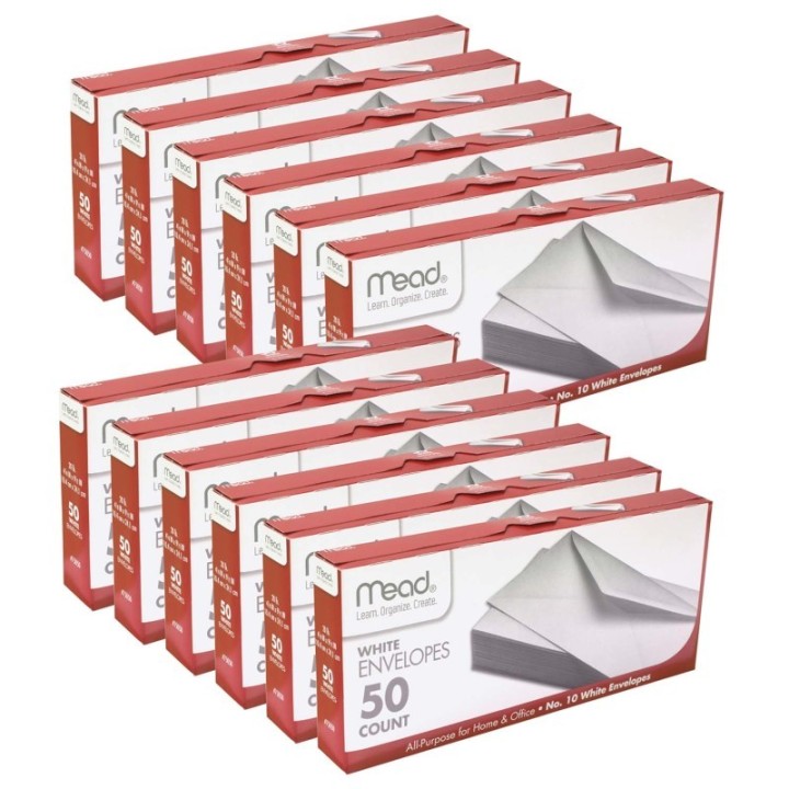 Mead® Boxed Envelopes, White, 4.13" x 9.5", 50 Per Box, 12 Boxes