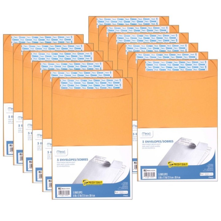 Mead® Press-It Seal-It® Envelopes, 9" x 12", 5 Per Box, 12 Boxes