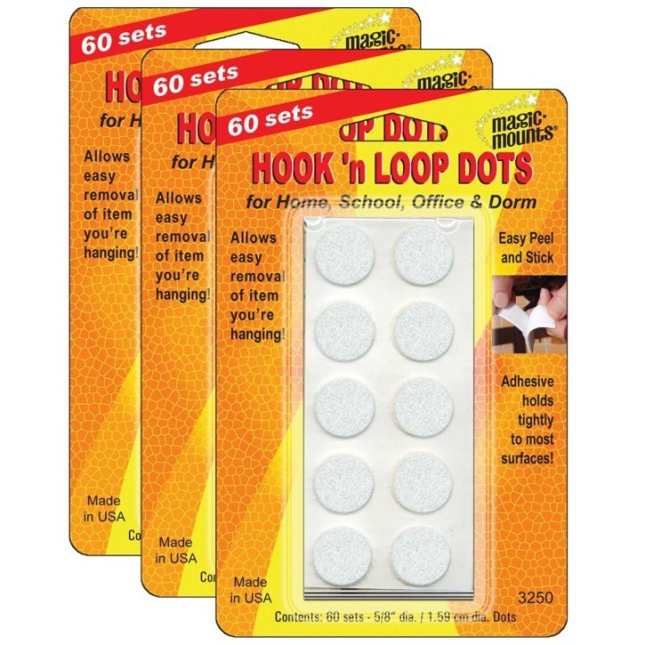 Magic-Mounts® Hook 'n Loop, 5/8" Dots, 60 Sets Per Pack, 3 Packs