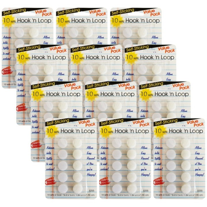 Magic-Mounts® Self-Sticking Hook 'N Loop Dots 5/8", White, 10 Sets Per Pack, 12 Packs