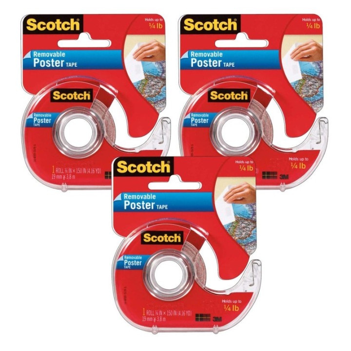 Scotch® Removable Poster Tape with Dispenser, 3/4" x 150", Clear, Pack of 3