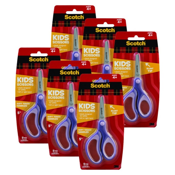 Scotch® Kids 5 inch Scissors, Soft Grip Handles, Blunt, Ages 4+, Pack of 6