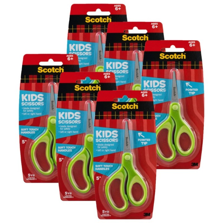 Scotch® Kids 5 inch Scissors, Soft Grip Handles, Pointed, Ages 6+, Pack of 6