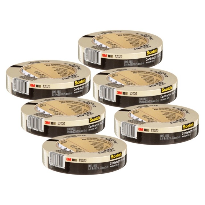Scotch® Contractor Grade Masking Tape, 0.94 in x 60.1 yd (24mm x 55m), Pack of 6