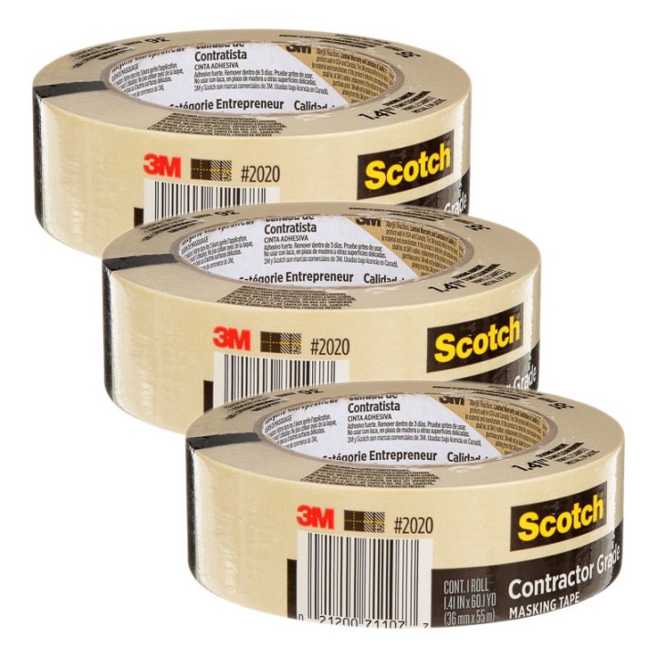 Scotch® Contractor Grade Masking Tape, 1.41 in x 60.1 yd (36mm x 55m), Pack of 3