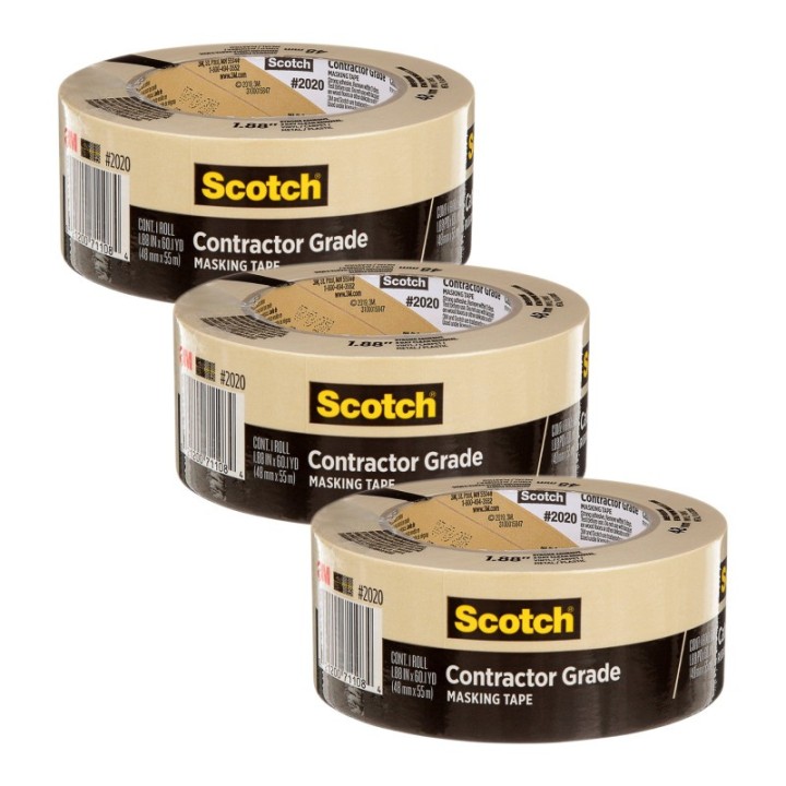 Scotch® Contractor Grade Masking Tape, 1.88 in x 60.1 yd (48mm x 55m), Pack of 3