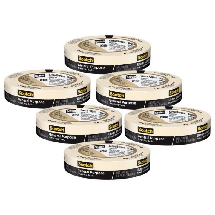 Scotch® General Purpose Masking Tape, 0.94 in x 60.1 yd (24mm x 55m), 6 Rolls