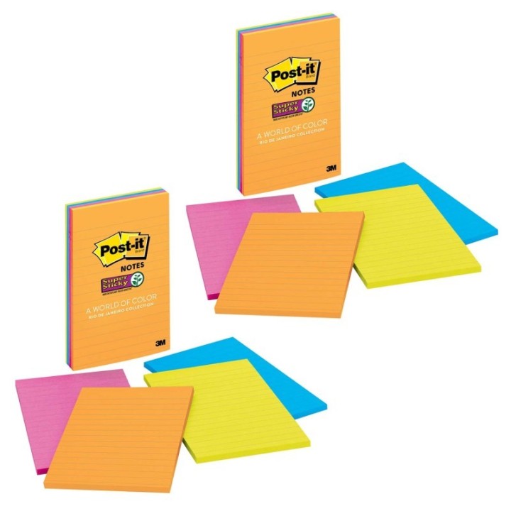 Post-it® Super Sticky Notes, 4" x 6", Rio de Janeiro Collection, Lined, 4 Pads/Pack, 2 Packs