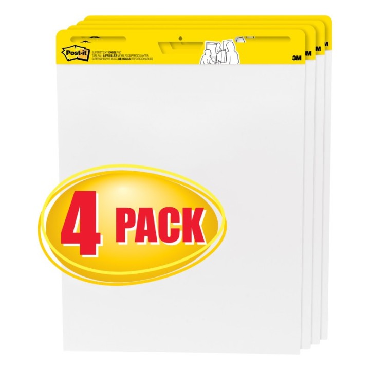 Post-it® Easel Pad, 25" x 30", Self Stick Sheets, 30 Sheets/Pad, Pack of 4
