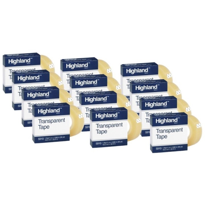 Highland™ Transparent Tape, 3/4" x 1296", 1" Core, Clear, 12 Rolls