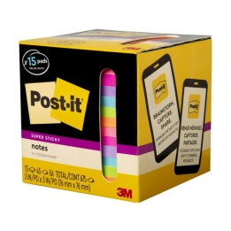 Post-it® Super Sticky Notes, 3 in. x 3 in., Assorted Bright Colors, 45 Sheets/Pad, 15 Pads/Pack