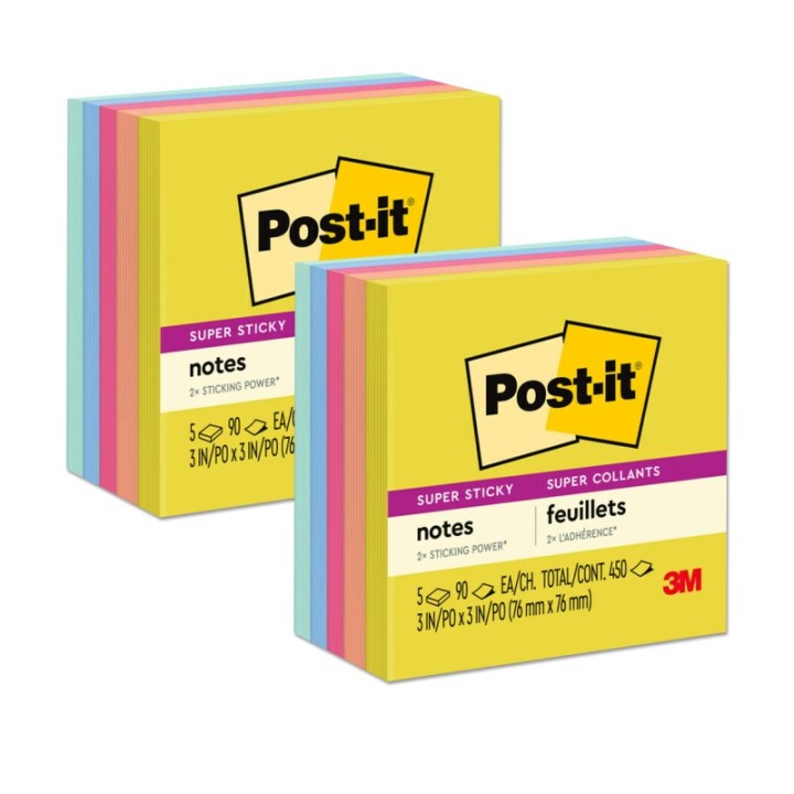 Post-it® Super Sticky Notes, 3x3 in, Summer Joy Collection, Assorted Colors, 90 Sheets/Pad, 5 Pads/Pack, 2 Packs