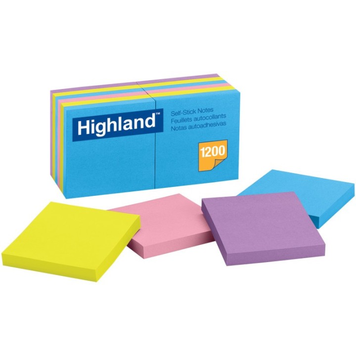 Highland™ Self-Stick Removable Notes, 3" x 3", Assorted Colors, 12 Pads
