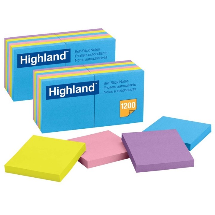Highland™ Self-Stick Removable Notes, 3" x 3", Assorted Colors, 12 Pads/Pack, 2 Packs