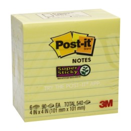 Post-it® Super Sticky Notes, 4" x 4", Canary Yellow, Lined, 90 Sheets Per Pad, 6 Pads