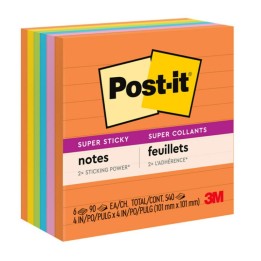 Post-it® Super Sticky Notes, Energy Boost Collection, 4" x 4" Lined, 90 Sheets/Pad, 6 Pads