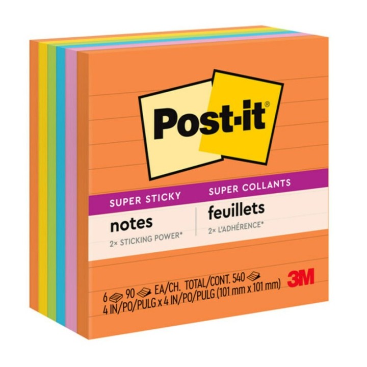Post-it® Super Sticky Notes, Energy Boost Collection, 4" x 4" Lined, 90 Sheets/Pad, 6 Pads